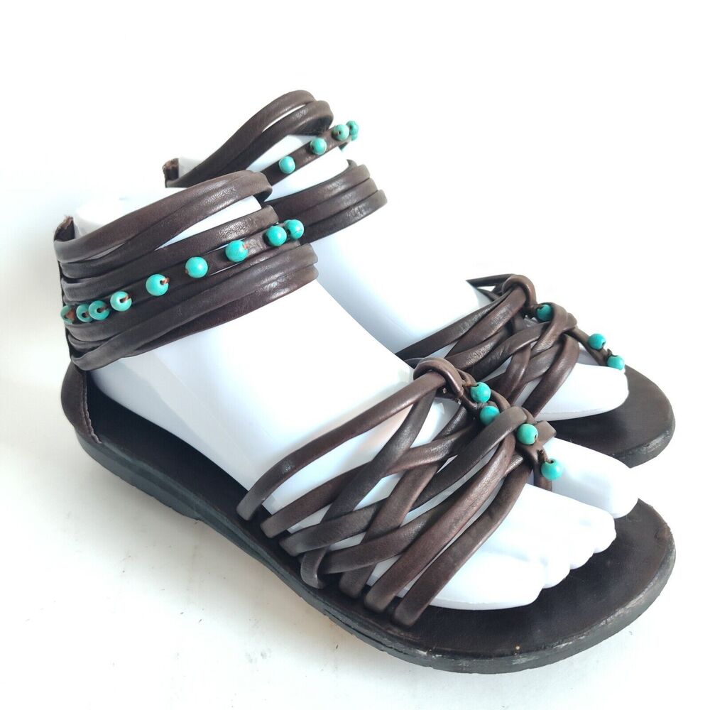 Arhaus JP & Mattie Leather‎ Turquoise Beaded Flat Sandals Size 7 Handmade Boho